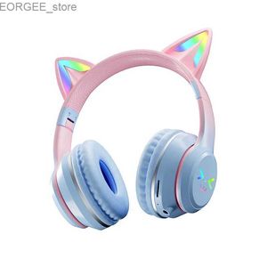 Cell Phone Earphones Cute Cartoon Music Player Gaming Cat Ear For Kids Girls Rgb Led Light Over Ear Headset Earphone Headphones Wireless Bluetooth Y240407