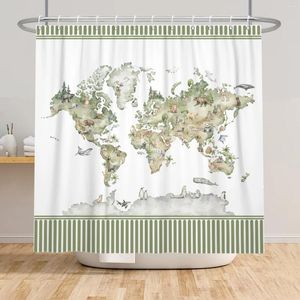 Duschgardiner Wanderlust Curtain Animal Map of the World Cartoon Mountains Forests Badrum Dekor Polyester Tyg Tyg Badkar Skärm