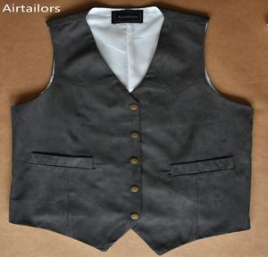 Airtailors Vintage Men039S Dark Grey Cow Suede Leather Vest Covered Button Waistcoat Western Suit Vests For Rustic Wedding Plus3862923