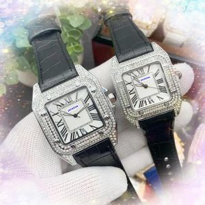 Luxury Square Roman Tank Three Pins Dial Watches Män Kvinnor Japan Quartz Movement Diamonds ring Rose Gold Silver Case äkta läderbälte Set Auger President Watch