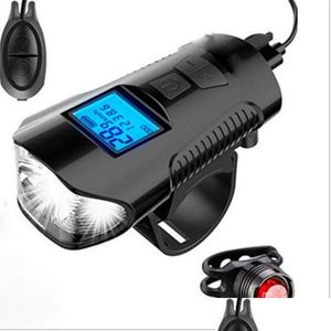 Bike Lights 3 In 1 Usb Rechargeable Waterproof T6 Bicycle Front Light Flashlight With Computer Lcd Speedometer Cycling Horn Drop Del Otbnj
