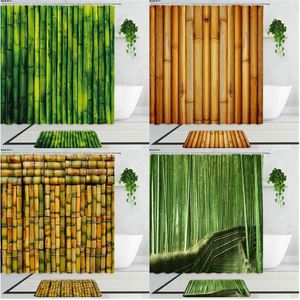 Cortinas de chuveiro Plantas verdes de bambu Arte Paisagem de tecido impressão decoração do banheiro conjunto