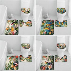 Bath Mats Funny Parrot Mat Set Tropical Plants Green Leaves Flowers Floral Non-slip Bathroom Rug Decor Home Carpet Toliet Lid Cover