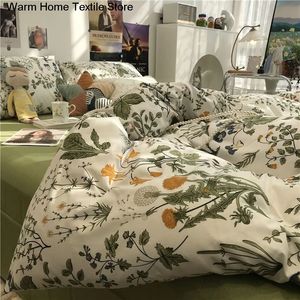 European Ins Blumen gebürstete Home Bettwäsche Set Einfache weiche Bettdecke Abdeckung mit Blechdeckel Decke Kissenbezüge Bett Leinen 240325
