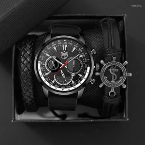 Relógios de pulso 3pcs Men Sports Watches Bracelets Luxury Set Moda Business Black Leather Quartz Wrist for Gift Relogio Masculino