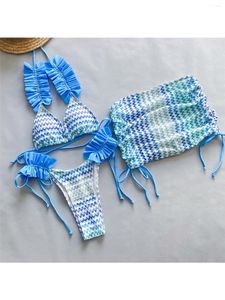 Kvinnors badkläder med kjol viftade rufsade frilled bikini kvinnliga baddräkt kvinnor tre stycken set bather baddräkt simning k5235