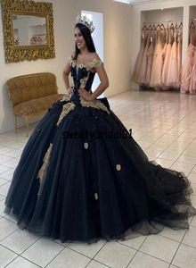 Svart guld spets vestido 15 anos party klänning 2022 off axel puffy tyll quinceanera prom klänningar för mexikansk tjej1019622