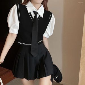 Kläderuppsättningar 2024 Spring Summer Black White Khaki JK Uniform Full Set Korean Women 3 Pieces Suit Tie Cotton Bubble Sleeve Shirt Blus