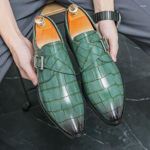 Casual Shoes Men's Fashion Green Black Pointed Leather Brand Buckle Business Formal Dress Groom's Wedding