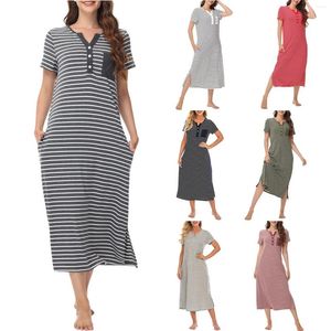 Home Clothing Summer Women In Europe And The United States Striped Buckle Pajamas Round Neck Loose Short Sleeved Womens Dress Sexy Casual