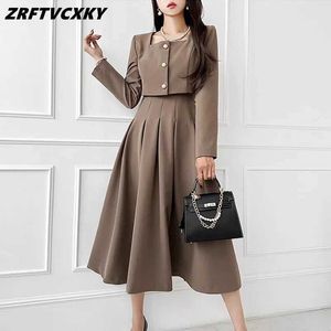 Zweiteiliger Kleid neue 2-teilige Frauen Herbst Elegant Square Neck Mantel+Ultra dünner A-Line-Kleid Fe Party Büro Vestidosc240407