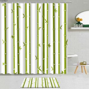 Tende da doccia 2 pezzi Set di tende in bambù verde tappetino inchiostro cinese decorazioni per la casa in poliestere poliestere anti -slip tappeto tappeto