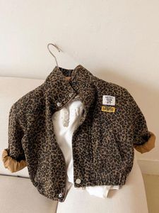 Jackets 2024 Handsome Spring Autumn Children's Casual Long-sleeved Jacket Boys Korean Leopard Print Girls Short Denim