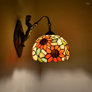 Wall Lamp Mediterranean Sun Flower Stained Colorful Glass E14 LED Bulb Sconce Vintage Bronze Iron Lights Fixture