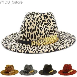 Largura chapé de balde fedora chapéu de lã Padrão de leopardo de lã de couro de couro trilby derby derby de luxo jazz soprador yq240407