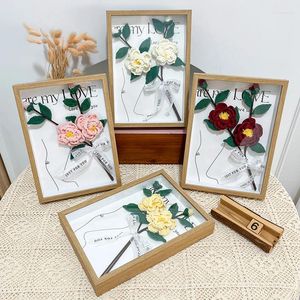 Decorative Flowers Hand-Woven Imitation Flower Po Frame Ornaments Camellia Bouquet Exquisite Holiday Gifts Yellow Pink White Red