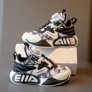 Sapatos infantis moda meninos meninos sapatos de externo botões rotativos tênis de tênis respiráveis sapatos esportivos casuais 240326
