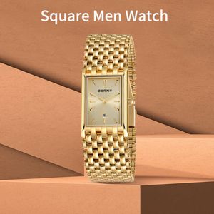 Bernie Brand Hot Selling Gold Quartz Rectangular Men's Watch rostfritt stål Remvattentät