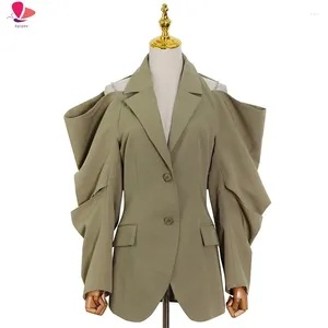 Women's Suits APIPEE Solid Fold Pleated Women Coat Notched Long Sleeve Gathered Waist Cut Out Blazer 2024 Fashion Clothing