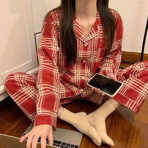 Coloque caseiro Plaid Red 2pcs pijamas terno de manga longa de manga de noite de lingerie íntima casual cetim de pijamas de roupas de dormir