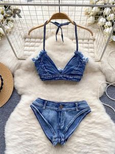 Women's Tracksuits SINGREINY Erotic Denim Two Piece Set Women Amatory Fashion 2024 Backless Camisole Bikini Shorts Summer Porno Sexy Suit