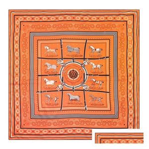 Scarves Manual Hand Rolled Twill Silk Scarf Women Ten War Horses Printing Square Echarpes Foards Femme Wrap Bandana Hijab 90Cmx90Cm Dh02K