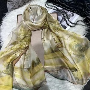 Шарфы 2024 Женские длинные шелковые шарф шарф мода бренд желтый зеленый дизайн Pure Summer Chefon Beach Mape