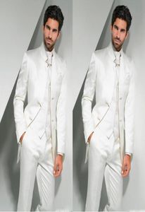 Online Groom Tuxedos 2017 Mandarin Lapel Men039s Suit White Groomsman Man WeddingProm SuitsJacketPantsTieVest1842829