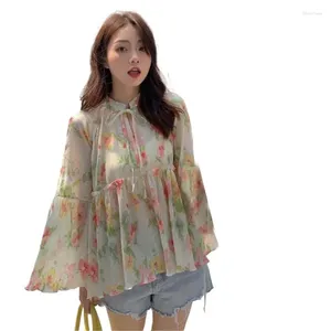 Camisas de blusas femininas e camisa de estampa floral vintage casual Summer Chiffon Standing Standing Flare Sleeve Top Beach