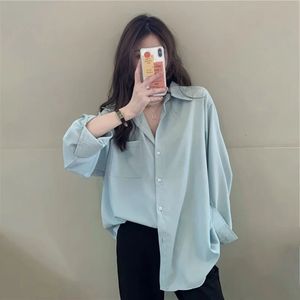 S5xl French Spring Autumn Shirts For Women Solid Color Loose Long Sleeve Blue Casual Mid Length Female Tops BF Style 240407