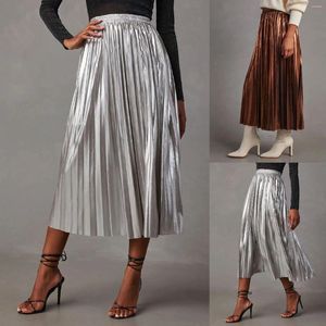 Saias elegantes midi altas femininas estamparem prata brilhante cor de cor sólida cintura plissada uma linha de temperamento lonng saia