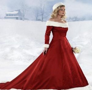 Winter Fur Wedding Dresses Warm Long Sleeve Court Train Offtheshoulder ALine Red Bridal Gowns Vestidos De Noiva 2019 New Se5317562