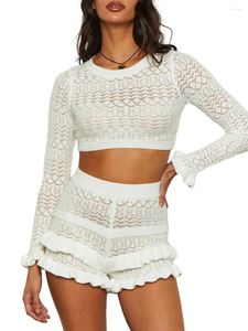 Women's Tracksuits Women Knitted Outfit Short Set 2 Pieces Long Sleeve Crop Top White Crewneck Pullover Ruffled Shorts