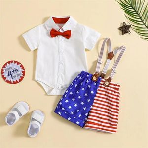 Kläder sätter spädbarn baby pojke 4 juli kläder kort ärm lapel halsknapp ner bowtie romper toppsupphängning shorts set