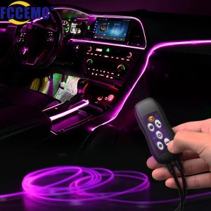 Möss USB -bil Interiellt lampor 64 Färger Optiska fiberremsor Flera lägen Ljudkontroll RGB Dekorativ omgivningslampa Bil Neon Light