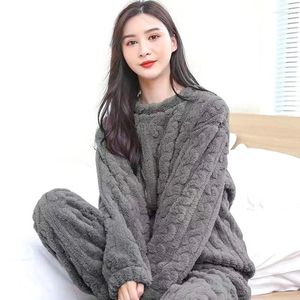 Heimkleidung dicker Winter Jacquard Pyjama Sets für Frauen solide runde Kragenpullover und Hosen Koralle Fleece Thermal Nachtwäsche lässig
