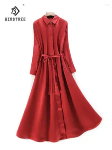 Vestidos casuais Birdtree Real Silk Fashion Dress Fashion Slave Lace-up Mid Length Loose Eelgant 2024 Summer D41633QC
