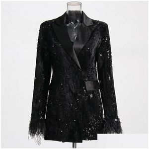 Blazer Blazer Blazer Women Black Sequed Giacca su misura su misura per mezza lunghezza Shiny Bling Blazer Blazer Top Abbigliamento Delivery Delivery Delive Dhh8y