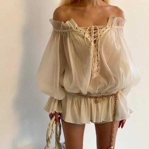 Camicette da donna boho ispirato a spalla camicetta a maniche lunghe donne cravatta arruffata in cravatta davanti sexy calibri estivi