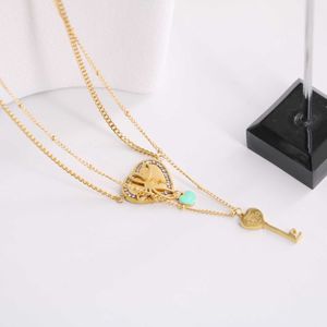 Designer Brand Titanium Steel 18k Gold French Elegant Tiffays Bow Electric Diamond Heart Key Double Layer Necklace for Women