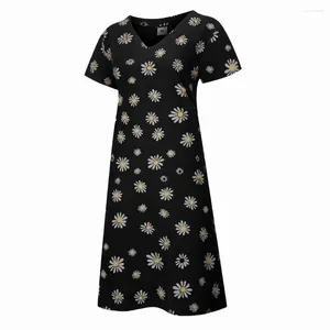 Casual Dresses Women's Short Sleeve V-hals Floral Print midi kjol damer Löst skiftklänning 2024 Summer Pullover Women