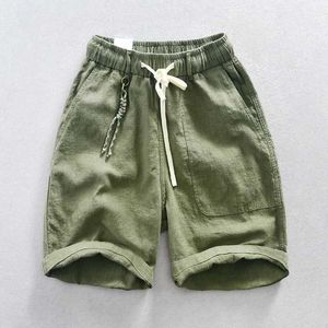 Men's Shorts T125 Summer Fashion Mens Cotton Linen Cargo Shorts Japanese High Quality Elastic Waist Solid Color Simple Basic Half length Pants J240407