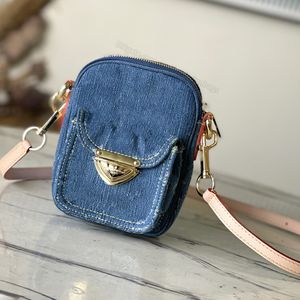 Spegelkvalitet axelväska blå denim kvinnor framficka med guld spänne crossbody väska ny blommig klaff duk äkta läder 14 x 18 x 2,7 cm med låda l398