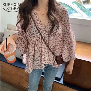 Spring Vneck Chiffon Shirt Women Sweet Tops Blouse Korean Floral Print Long Sleeve Casual Loose Slim Lady Clothes 9307 240326