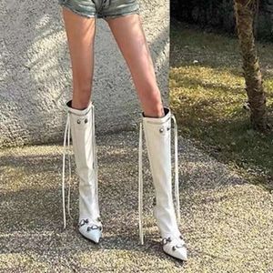 New Point Tassel Fashion Boots Long Boots Metal Metal Nails Cool Spicy Motorcycle Halk Heel