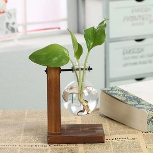 Vases Shop Room Decor Stand Transparent Plants Coffee Bulb Vase With Wooden Desktop Glass Planter For Hydroponics