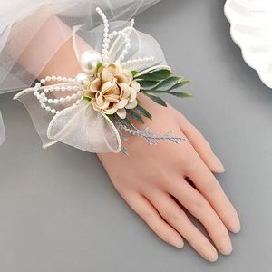 Decorative Flowers Wedding Boutonniere Wrist Corsage Bracelet For Groomsmen Bride Artificial Rose Fake Pearl Crystal Hand Party Accessory