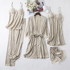 Home Clothing Frühlings Sommergewand Kimono Kleid Lose lässige Schlafset Nachtwäsche gedruckt Leopard 5pcs Pyjamas Frauen sexy Spitze Pijamas Anzug