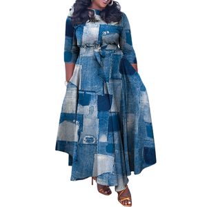 Frauen Plus Größe Kleider Casual Blumendruck Maxikleid 3/4 Kurzarm hohe Taille Fließende Rüschen Herbstkleid mit Gürtel