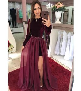 Bourgogne Velvet Prom -klänningar med löstagbar kjol Långärmad kvinnlig aftonklänning Vestidos de Fiesta Long Graduation Gowns6910349